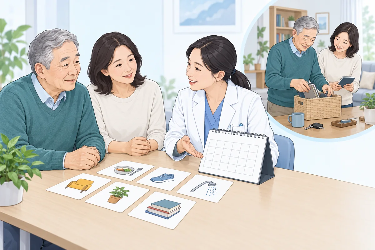 어르신과 보호자가 일상생활의 변화를 의료진과 상담하는 모습