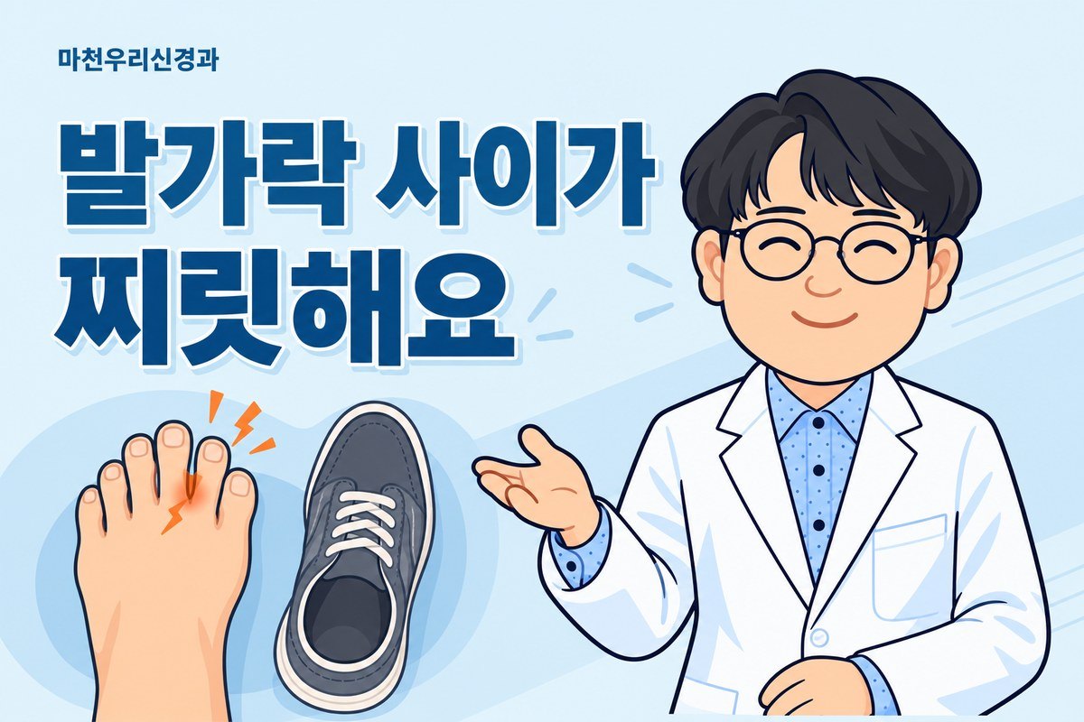 원장님 캐릭터가 발 앞부분의 발가락 사이 통증과 편한 신발 삽화로 지간신경종 평가를 설명하는 이미지