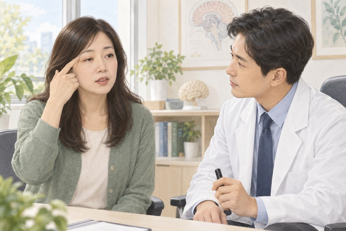 눈꺼풀 처짐과 겹쳐 보이는 증상을 신경과 의료진에게 설명하는 여성의 일러스트