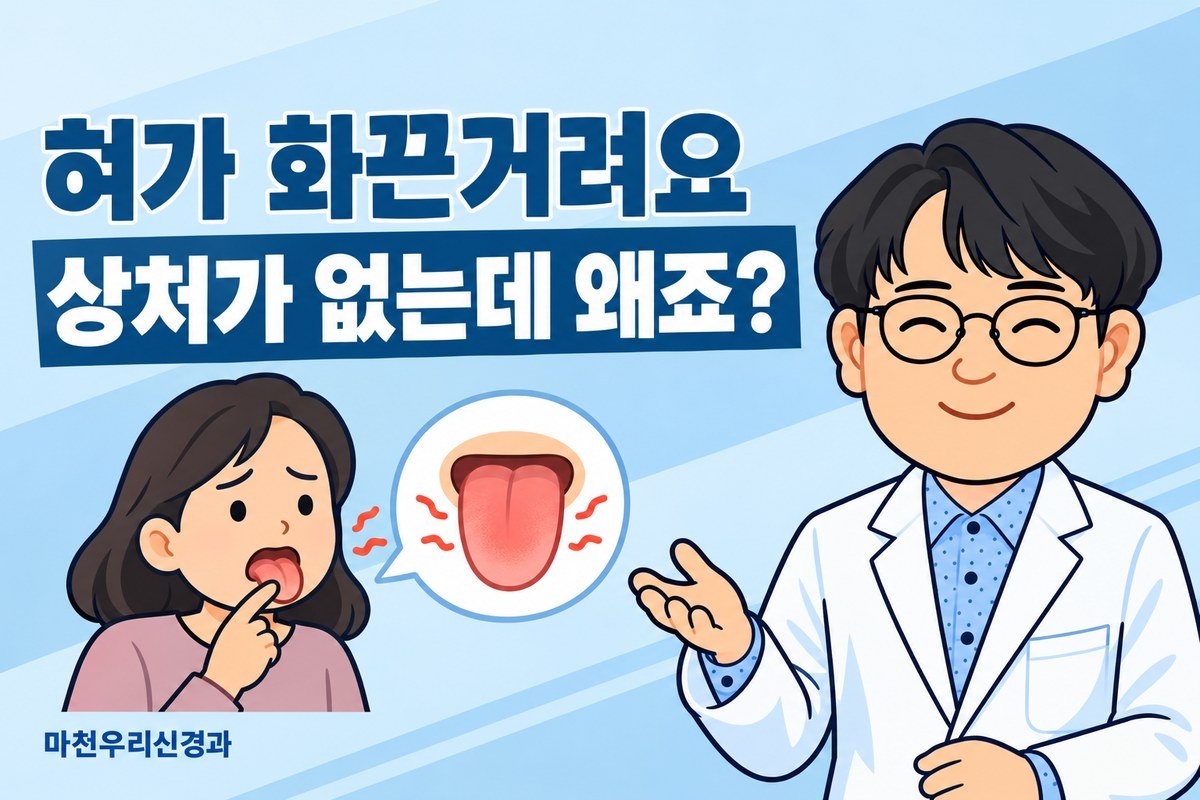 원장님 캐릭터가 혀의 화끈거림을 느끼는 성인과 상처 없는 혀 삽화로 구강작열감의 원인 평가를 설명하는 이미지