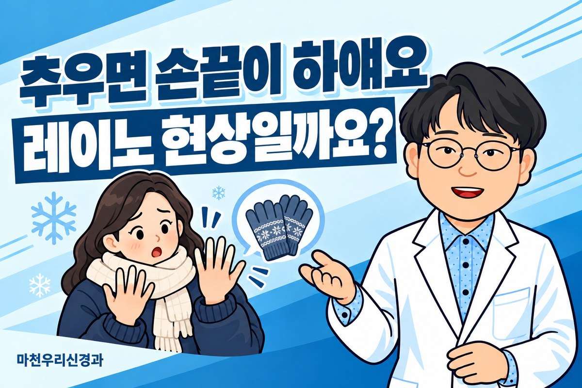 원장님 캐릭터가 추운 날 손끝이 창백해진 성인과 장갑 그림으로 레이노 현상과 손 저림의 차이를 설명하는 이미지