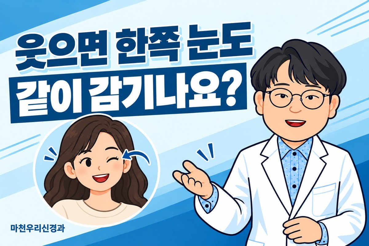 원장님 캐릭터가 웃을 때 한쪽 눈이 좁아지는 성인의 얼굴 그림으로 안면마비 후 연합운동을 설명하는 이미지