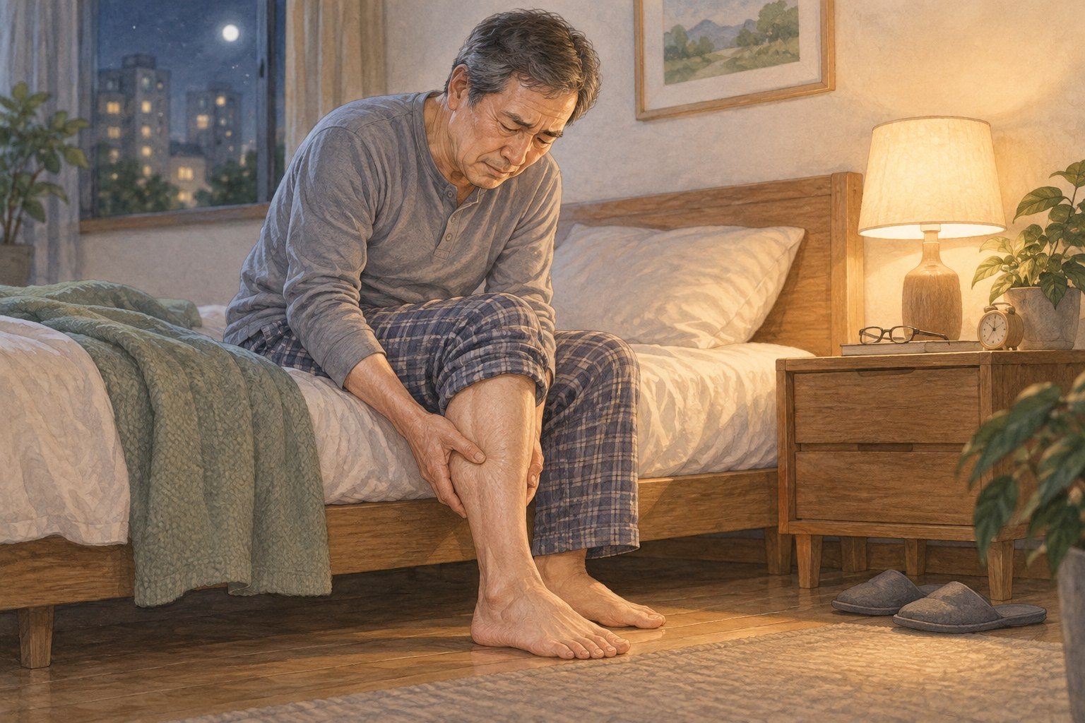 밤에 침대 가장자리에 앉아 종아리 경련 부위를 살피는 남성의 설명 일러스트