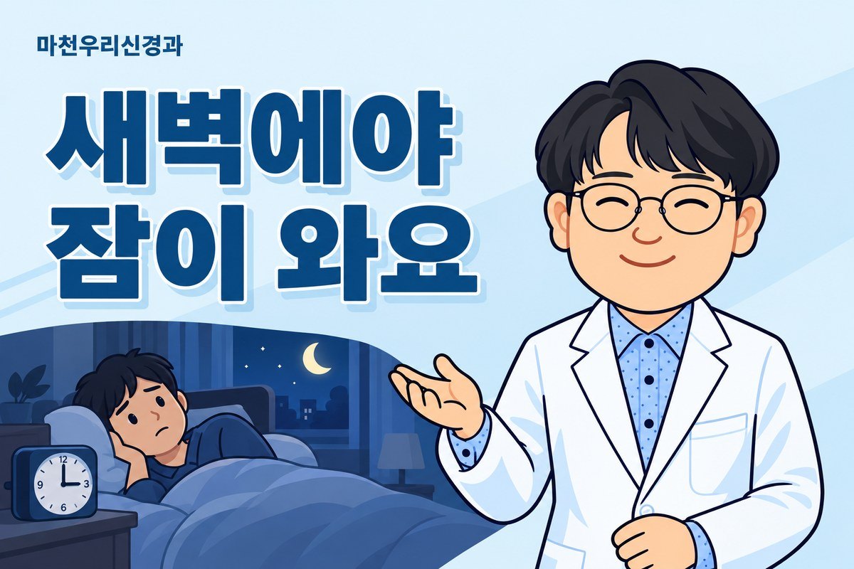 원장님 캐릭터가 새벽 3시 시계 옆에서 잠들기 어려워하는 성인의 삽화로 늦어진 수면 리듬 상담을 설명하는 이미지