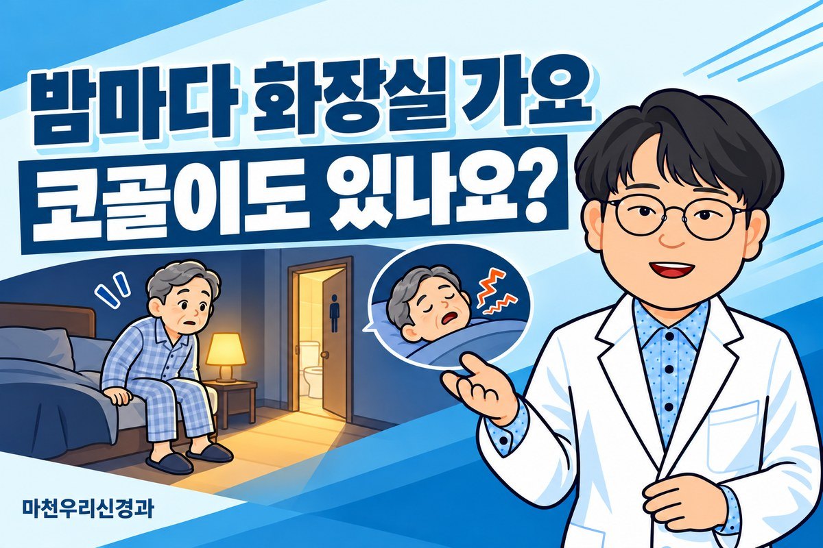 원장님 캐릭터가 밤중 침대에서 화장실로 이동하려는 성인과 코골이 그림으로 야간뇨와 수면 평가를 설명하는 이미지