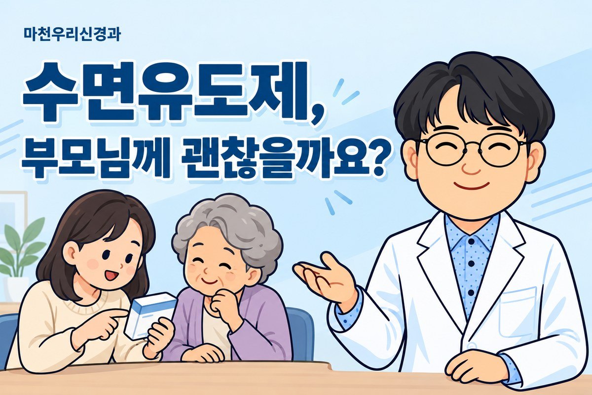 원장님 캐릭터가 약 상자를 확인하는 보호자와 어르신의 삽화로 수면유도제 성분과 복약 안전을 설명하는 이미지