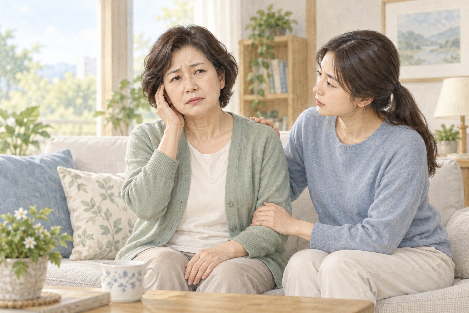 귀 먹먹함과 어지럼이 있는 여성이 안전하게 앉아 가족의 도움을 받는 설명 일러스트