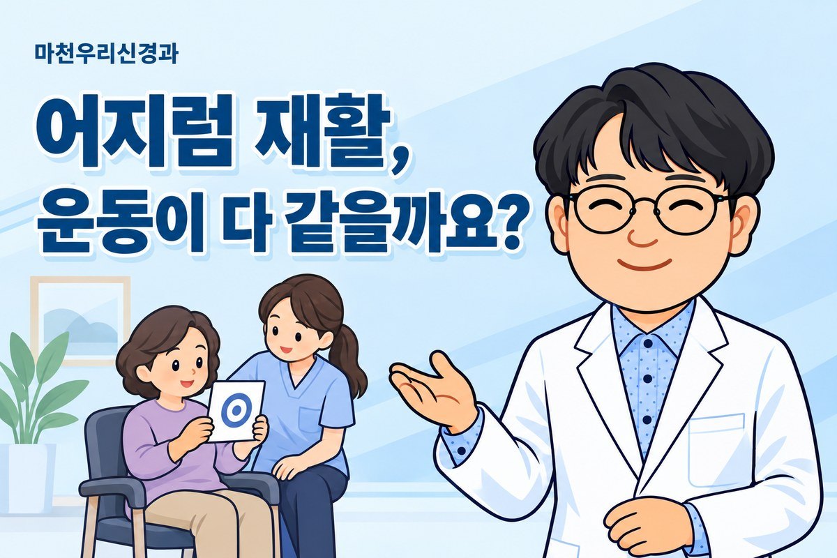 원장님 캐릭터가 앉아서 시선 표적을 보는 운동 삽화로 개인별 전정재활운동 선택과 안전한 상담을 설명하는 이미지