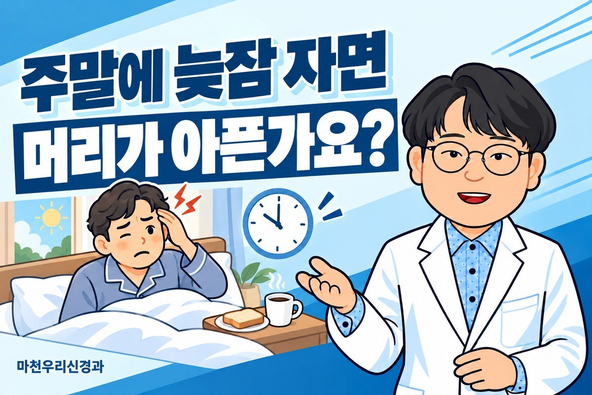 원장님 캐릭터가 늦게 일어난 뒤 관자놀이를 만지는 성인과 시계·아침 식사 그림으로 주말 두통을 설명하는 이미지