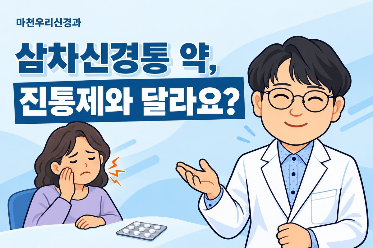 원장님 캐릭터가 한쪽 얼굴 통증과 약 포장 삽화로 삼차신경통 약의 목적과 복용 중 주의점을 설명하는 이미지
