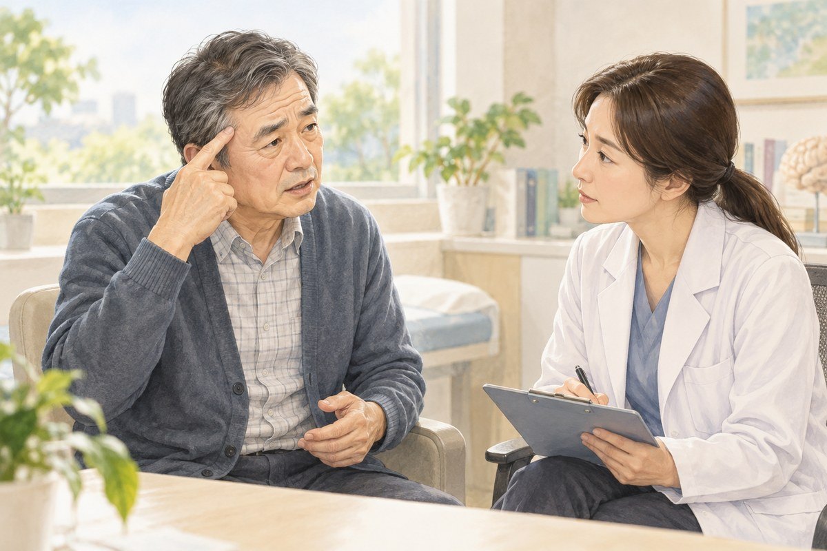 새로 생긴 관자놀이 통증을 의료진에게 설명하는 중년 이후 남성의 일러스트