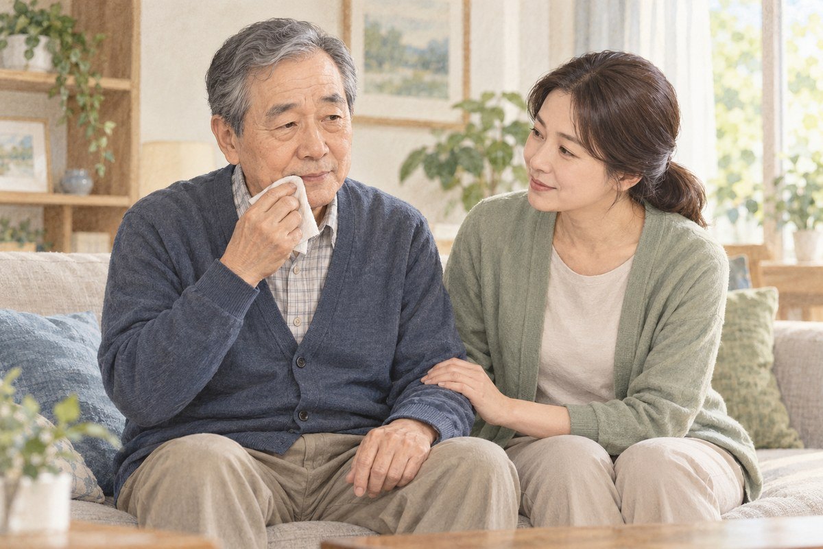 파킨슨병이 있는 아버지가 바르게 앉아 부드러운 손수건으로 입가를 닦으며 딸과 이야기하는 일러스트