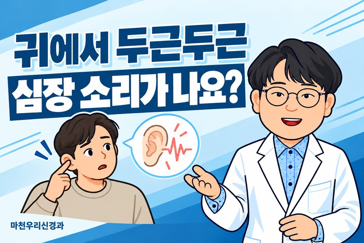 원장님 캐릭터가 귀 옆을 가리키는 성인과 심장 박동 그림으로 박동성 이명의 평가를 설명하는 이미지