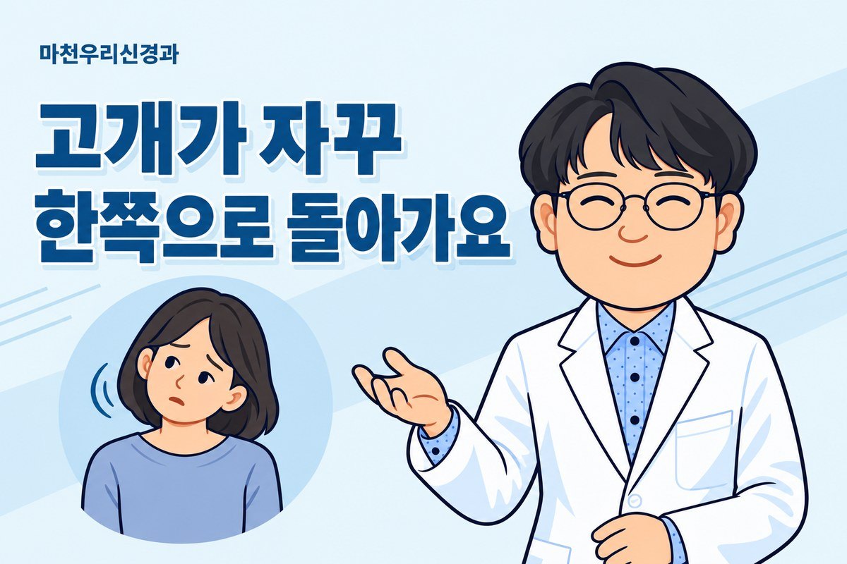원장님 캐릭터가 고개가 한쪽으로 기울어지는 성인의 삽화로 경부 근긴장이상과 목 통증 평가를 설명하는 이미지