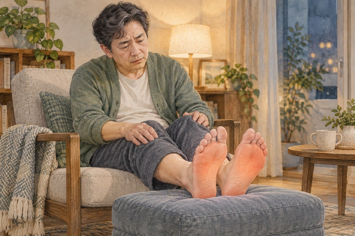 상처가 없는 발바닥의 화끈거림을 느끼며 의자에 앉아 발 상태를 확인하는 남성 일러스트
