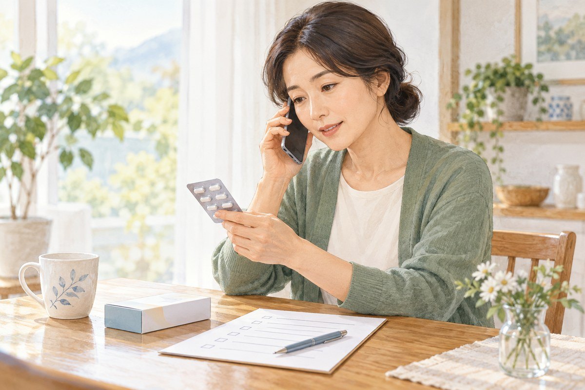 약 포장과 복용 기록을 확인하며 의료진에게 전화로 문의하는 성인의 설명 일러스트