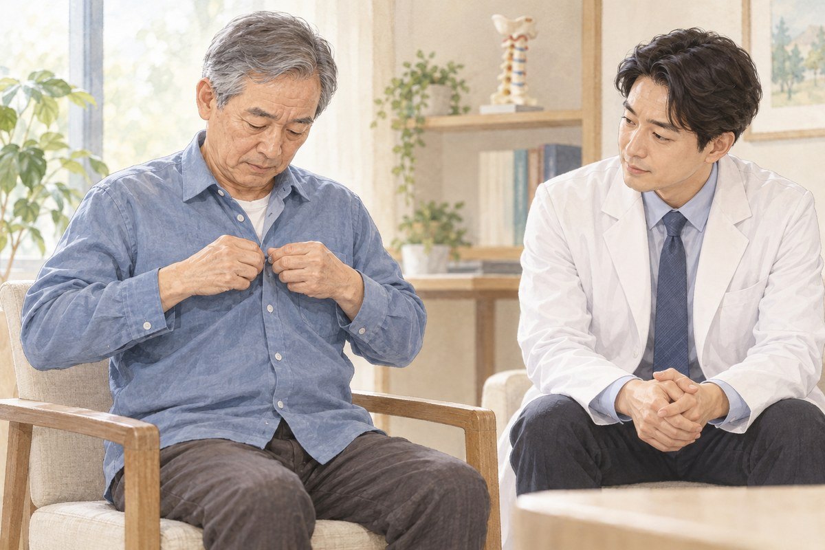 단추 잠그기 어려운 손동작을 의료진과 상담하는 성인의 설명 일러스트