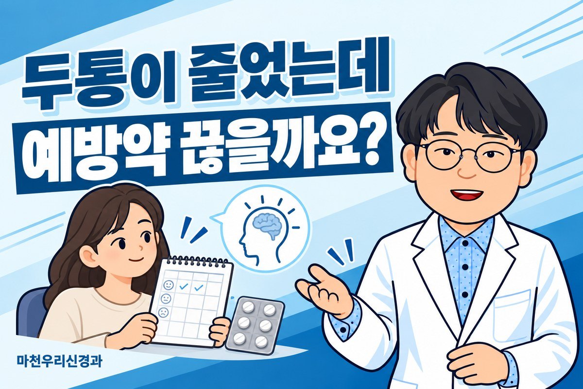 원장님 캐릭터가 두통 기록장과 약 포장을 든 성인 그림으로 편두통 예방약의 유지·중단 상담을 설명하는 이미지