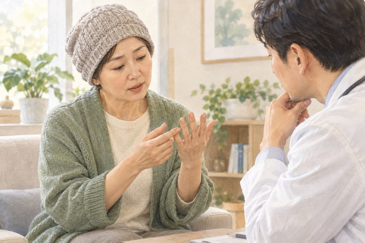 손끝의 저린 감각을 의료진에게 설명하는 항암치료 경험 여성의 일러스트
