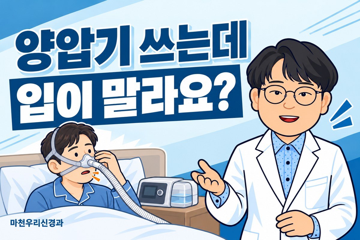 원장님 캐릭터가 코 마스크와 호스로 양압기를 연결한 성인 그림을 통해 양압기 사용 중 입마름과 마스크 누출 점검을 설명하는 이미지
