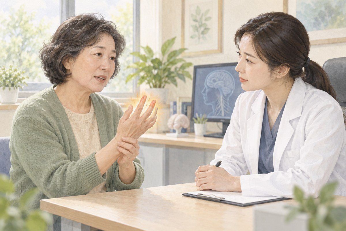 손가락 저림을 의료진에게 설명하는 여성의 설명 일러스트
