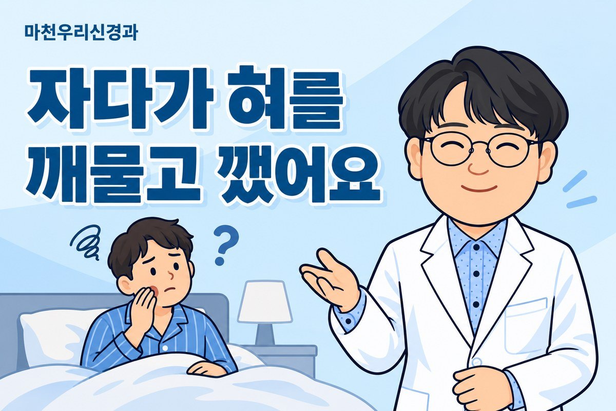 원장님 캐릭터가 잠에서 깨어 볼을 만지며 의아해하는 성인의 삽화로 수면 중 혀 깨물기와 발작 평가의 단서를 설명하는 이미지