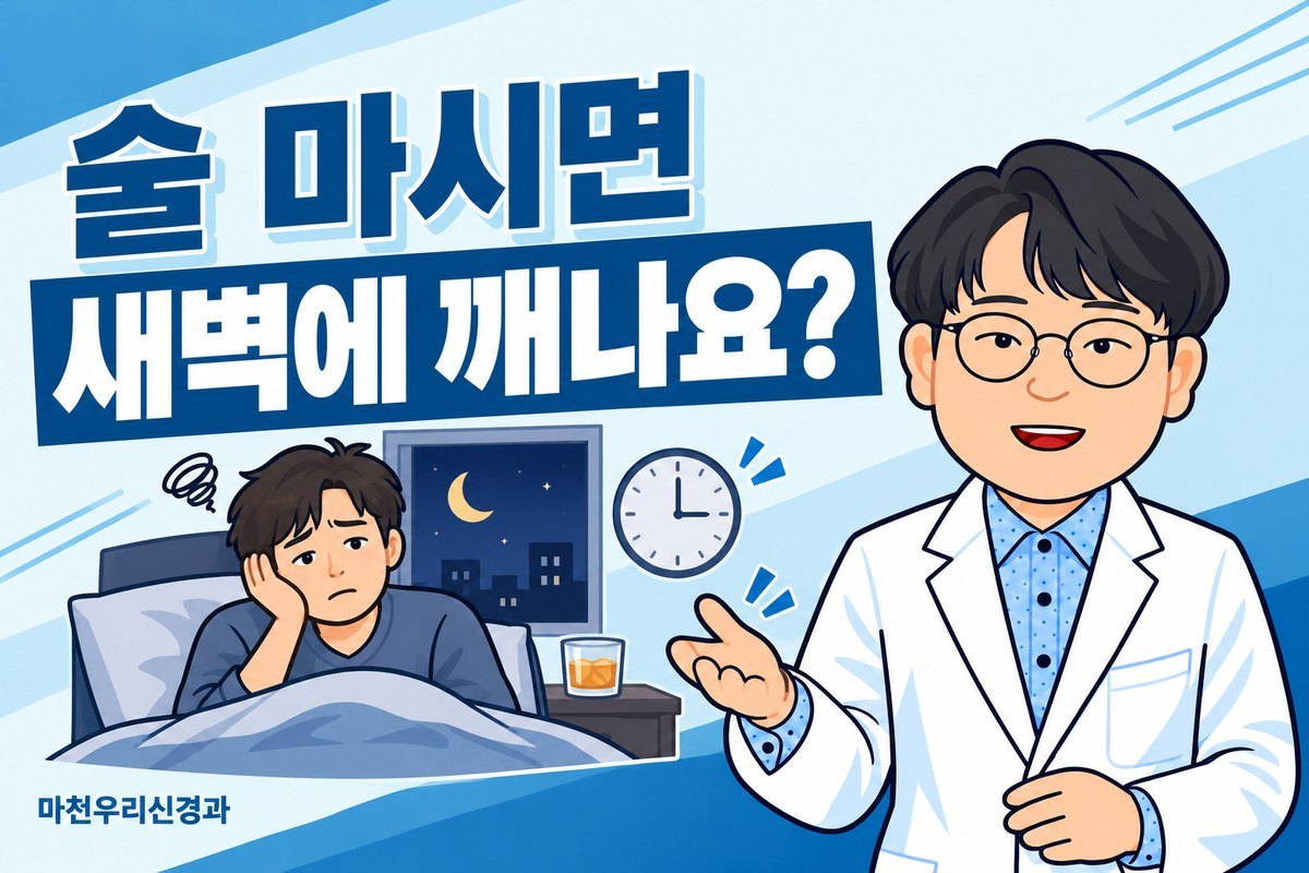 원장님 캐릭터가 새벽에 깨어 침대에 앉은 성인과 작은 술잔·시계 그림으로 음주 후 수면 중 각성을 설명하는 이미지