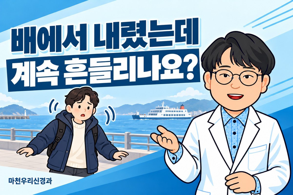 원장님 캐릭터가 배에서 내려 육지의 안전한 난간 앞에서도 흔들리는 느낌이 있는 성인 그림으로 하선증후군과 어지럼 평가를 설명하는 이미지