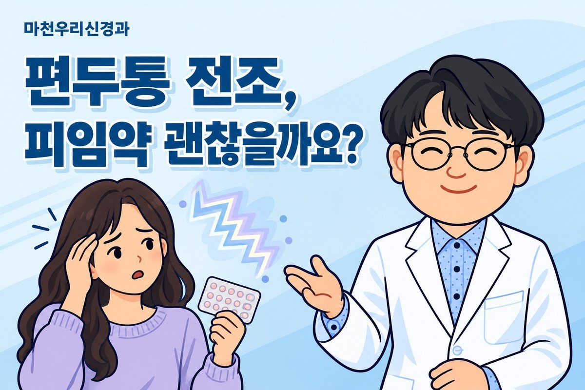 원장님 캐릭터가 시각 전조를 표현한 지그재그와 피임약 포장을 든 여성의 삽화로 편두통 전조와 피임법 상담을 설명하는 이미지