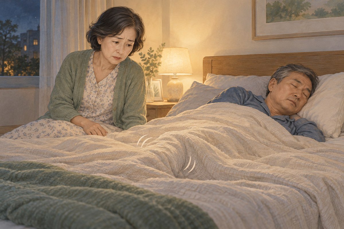 잠든 남편의 이불 아래 다리 움직임을 배우자가 조용히 관찰하는 수면 상황 일러스트