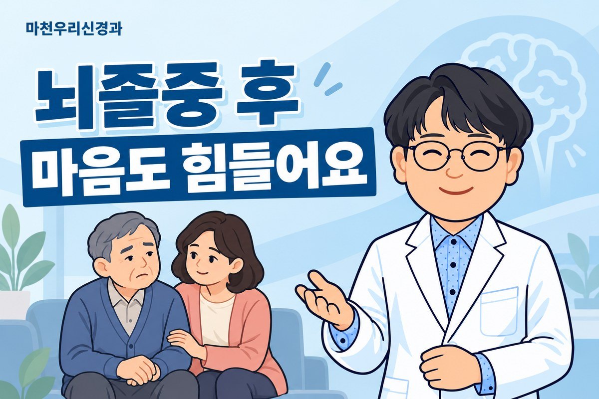 원장님 캐릭터가 조용히 앉은 뇌졸중 회복기 어르신과 곁에서 이야기를 듣는 보호자의 삽화로 뇌졸중 후 우울감 상담을 설명하는 이미지