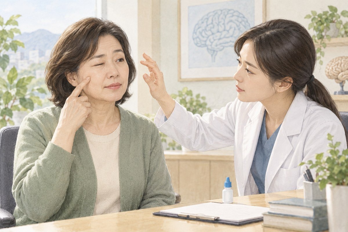 한쪽 눈이 잘 감기지 않는 증상을 의료진과 상담하는 여성의 설명 일러스트