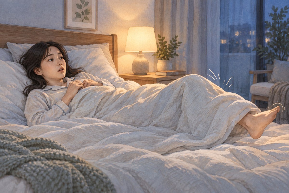 잠들 무렵 이불 아래 다리가 살짝 움찔해 눈을 뜬 성인의 설명 일러스트