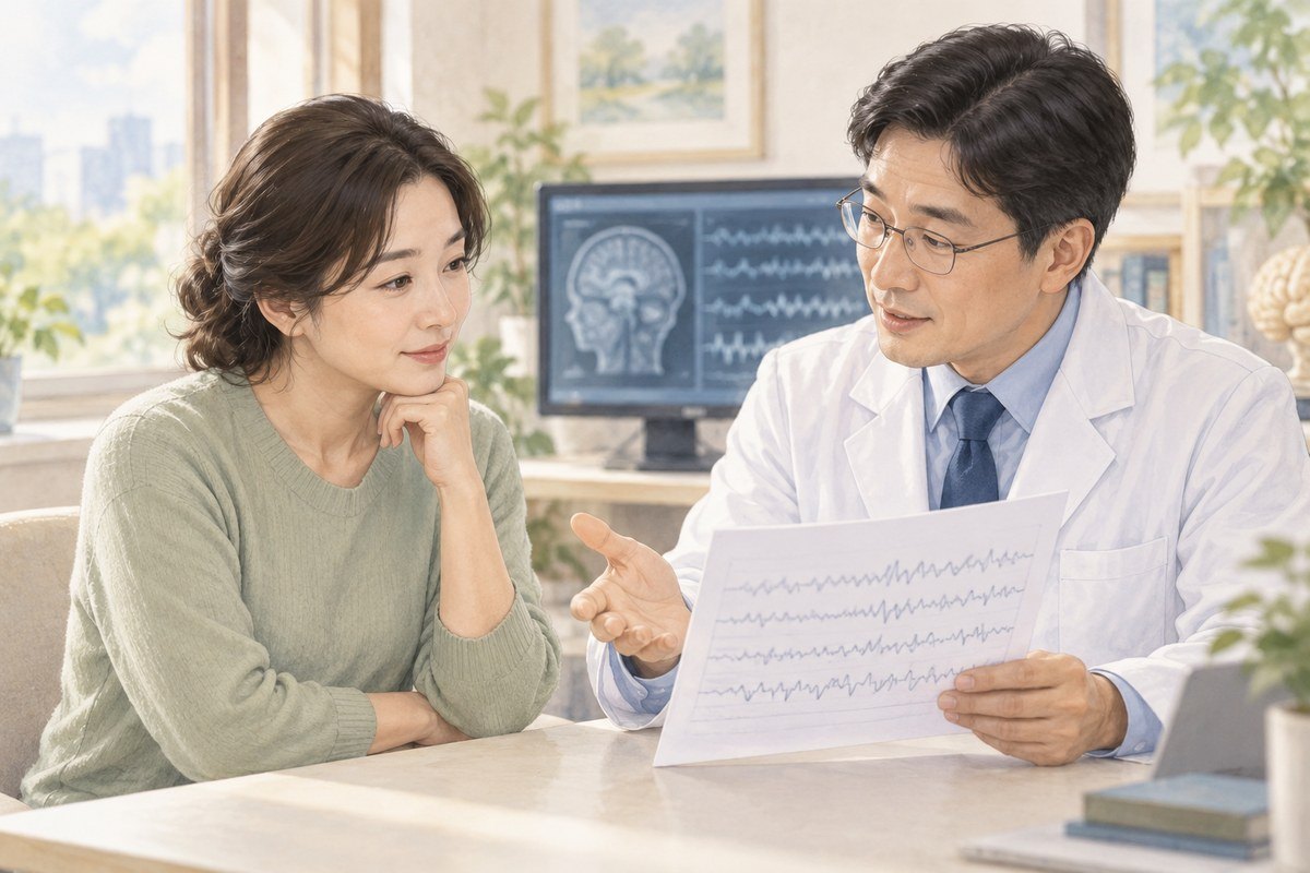 뇌파 기록의 의미를 의료진과 상담하는 여성의 설명 일러스트