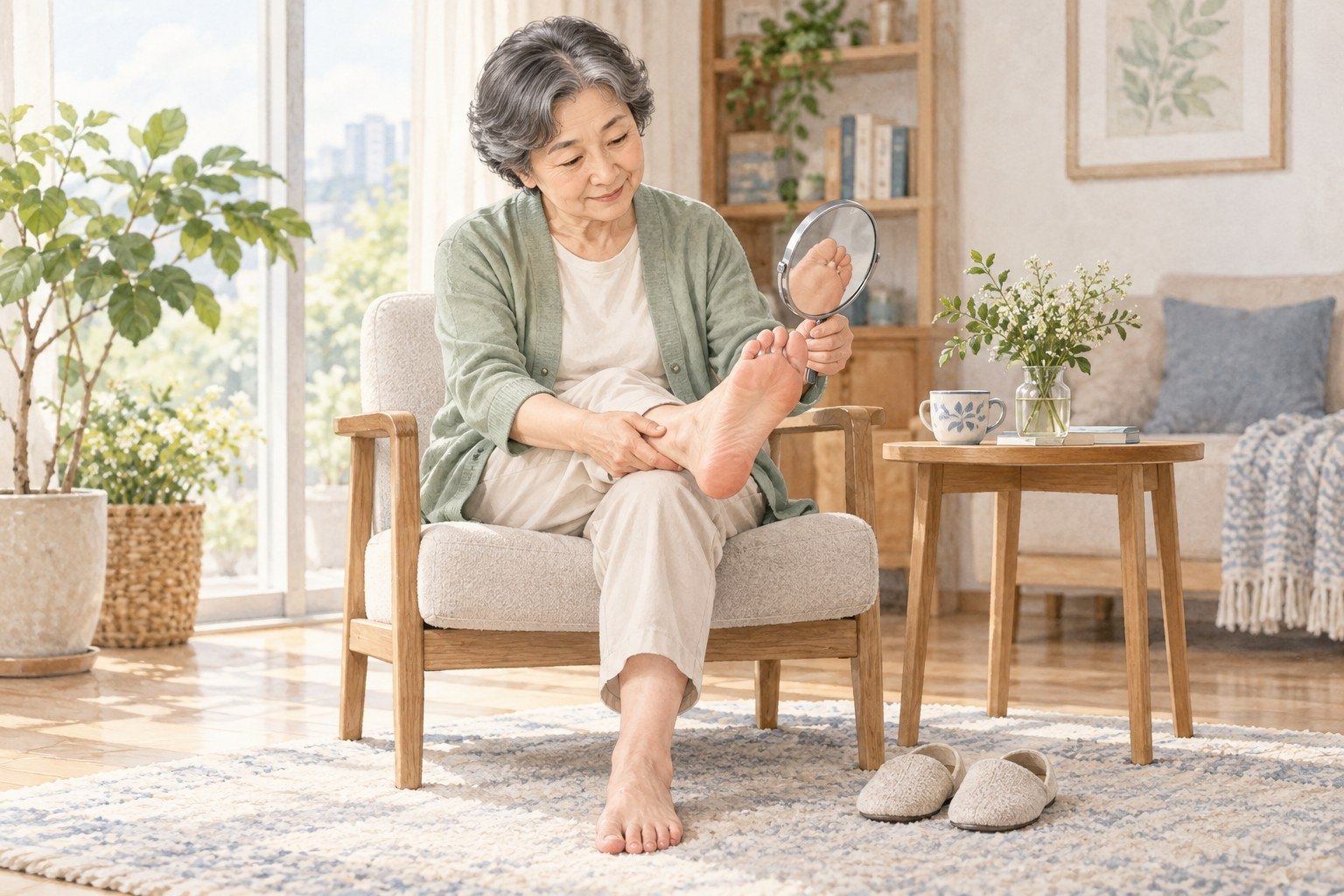 거울을 이용해 발바닥의 피부 상태를 확인하는 어르신의 설명 일러스트
