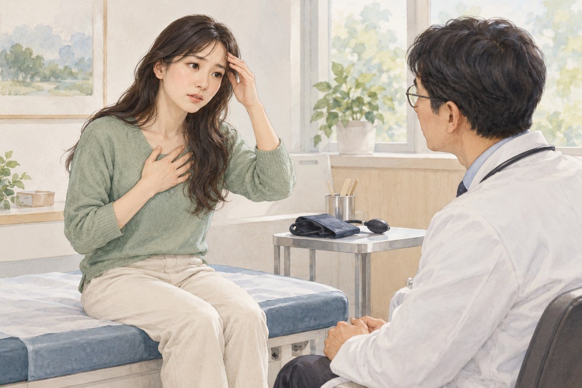 서 있을 때의 어지럼과 두근거림을 안전하게 앉아 의료진에게 설명하는 여성 일러스트