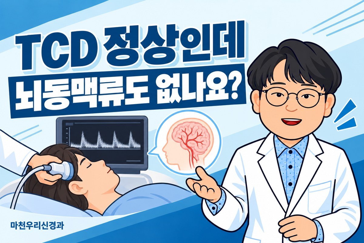 원장님 캐릭터가 관자놀이에 탐촉자를 댄 뇌혈류 초음파 검사와 뇌혈관 그림으로 TCD와 혈관 영상의 역할 차이를 설명하는 이미지
