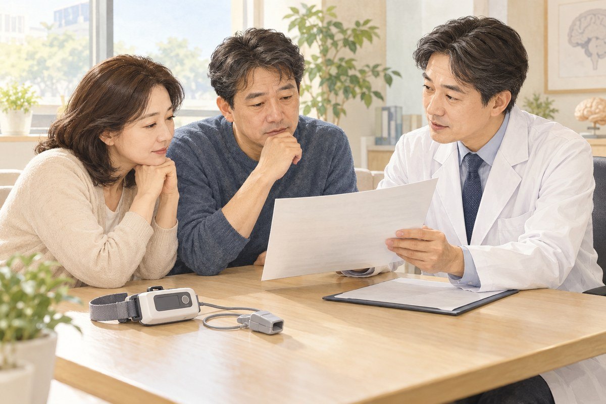 가정용 수면검사 결과를 가지고 낮 졸림과 코골이에 대해 상담하는 부부의 일러스트