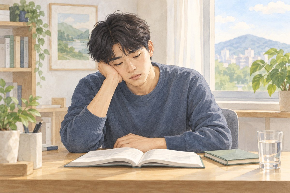 낮 동안 책상에서 책을 보다가 심한 졸음을 느끼는 성인의 설명 일러스트