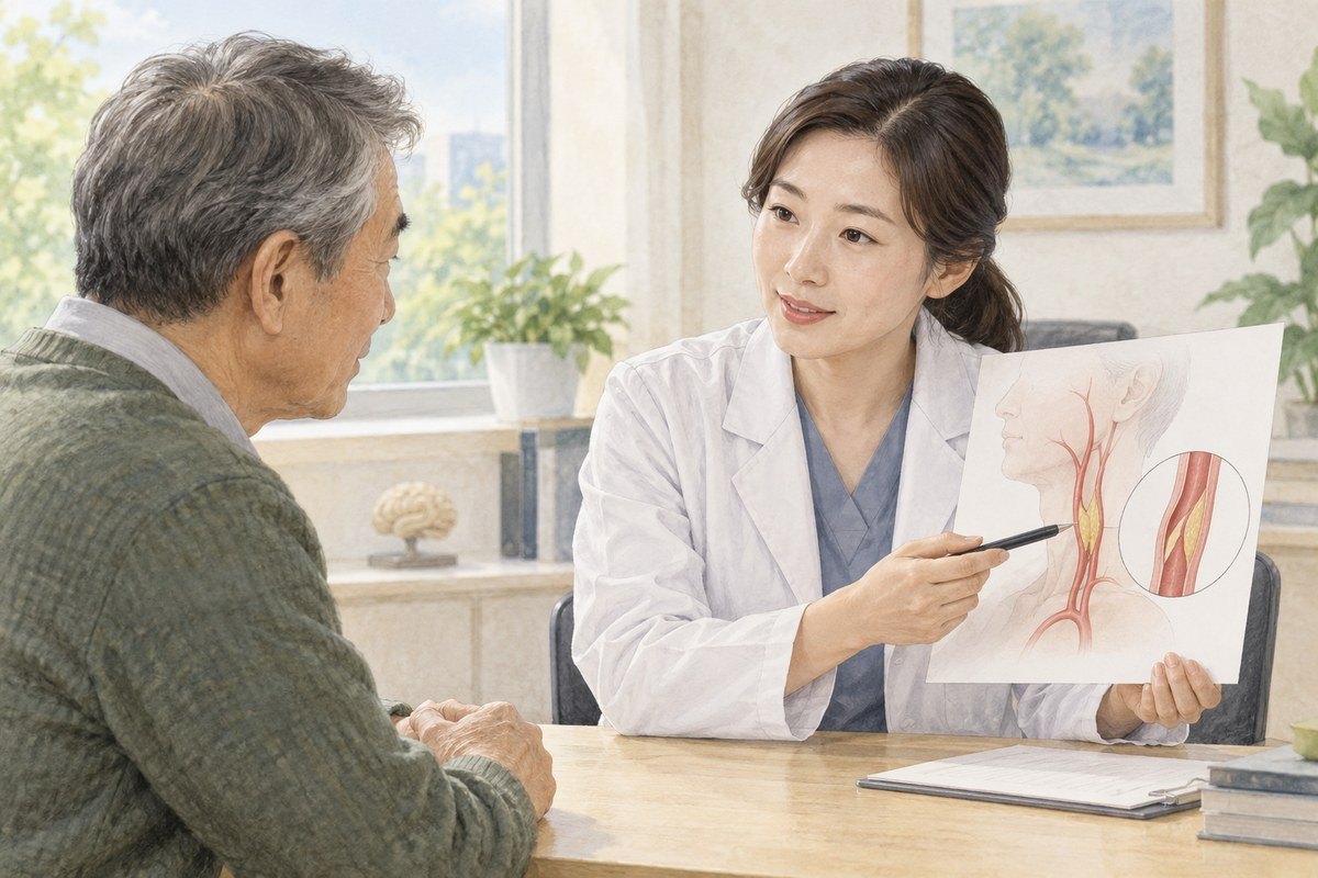 목 혈관 그림을 보며 경동맥 검사 결과를 상담하는 설명 일러스트