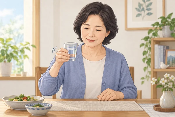 컵을 잡을 때 나타나는 손떨림을 살피는 모습