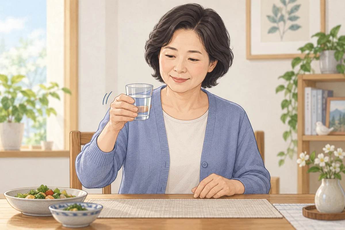 컵을 잡을 때 나타나는 손떨림을 살피는 모습