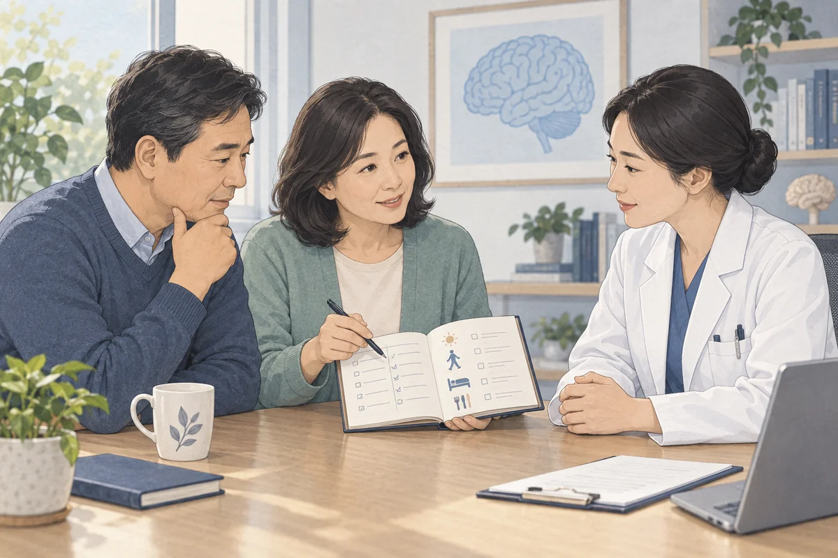 가족이 관찰한 행동과 말의 변화를 상담하는 모습