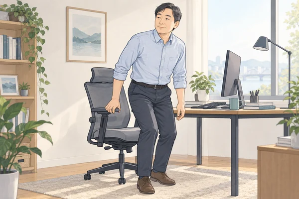 책상 작업 중 자세를 바꾸며 잠시 일어나는 직장인