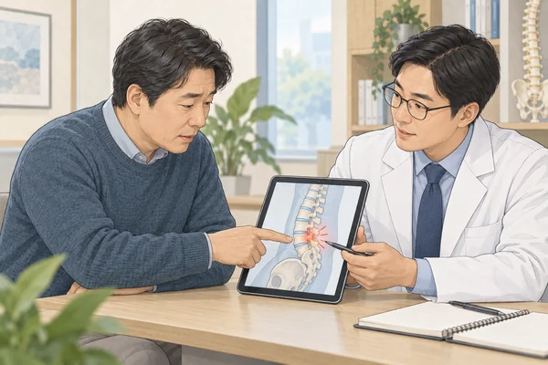 허리디스크의 증상과 영상 자료를 함께 상담하는 모습