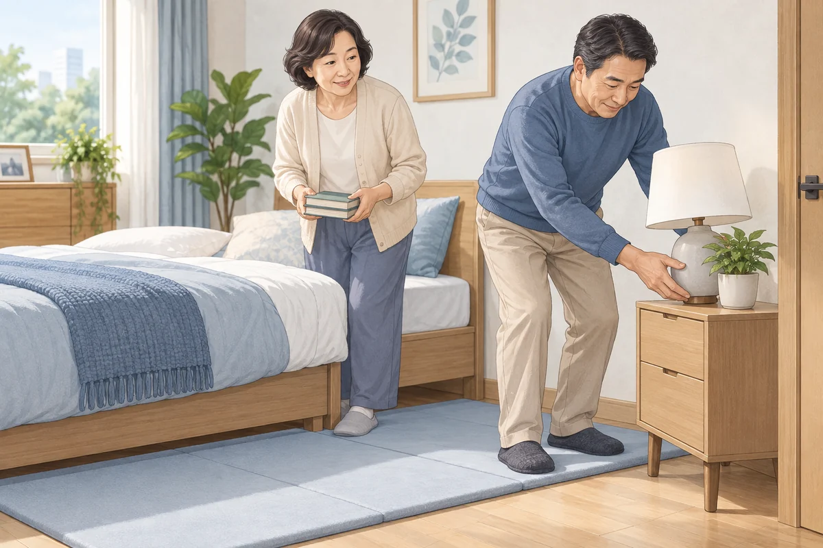 수면 중 움직임에 대비해 침실을 안전하게 정리하는 모습