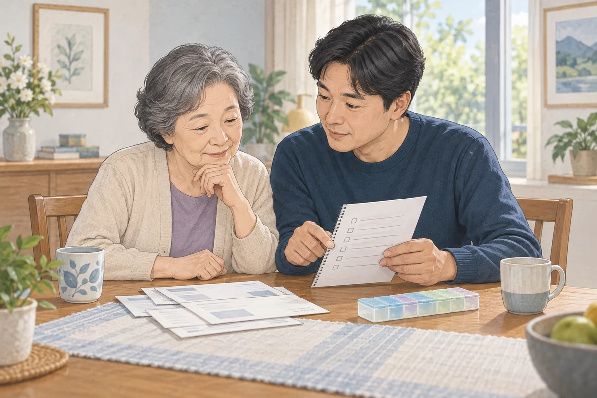청구서와 약 복용 기록을 가족과 함께 살피는 모습