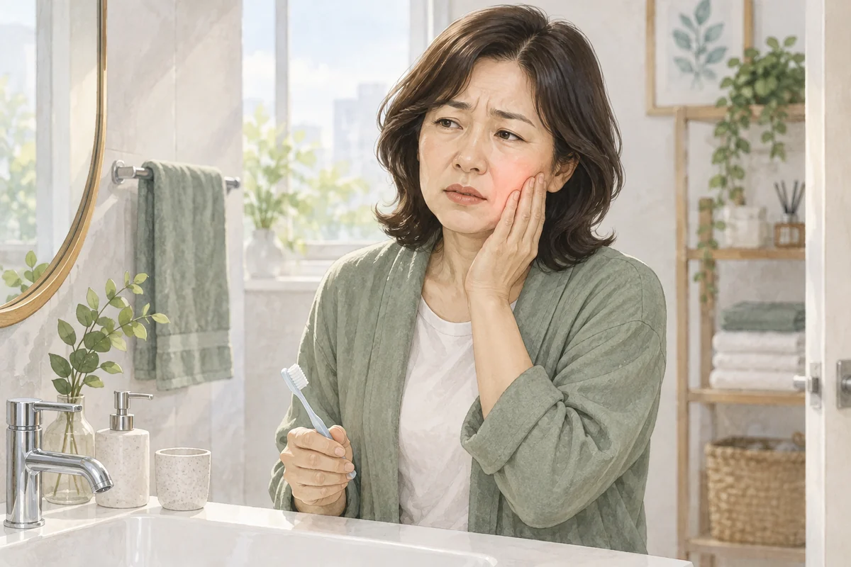 양치 중 한쪽 볼의 통증으로 잠시 동작을 멈춘 모습