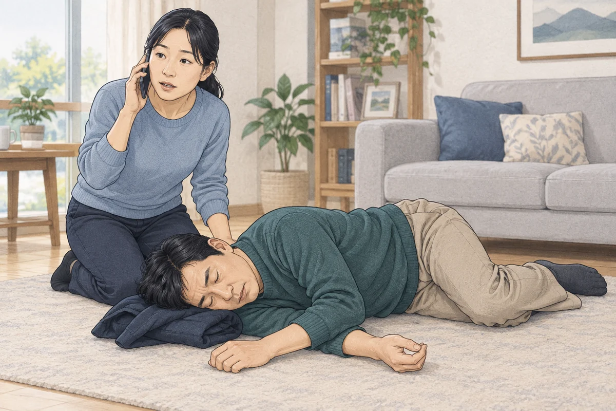 첫 경련 뒤 안전을 확보하고 구조를 요청하는 모습