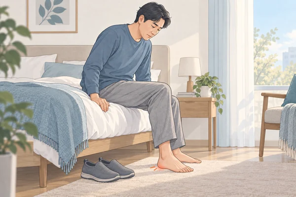아침 첫발을 디딜 때 뒤꿈치가 불편한 모습